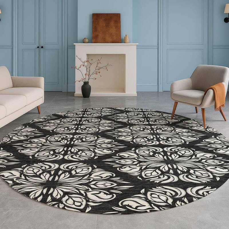 Machine Washable Indoor/ Outdoor Damask Pearl Chantille Rug