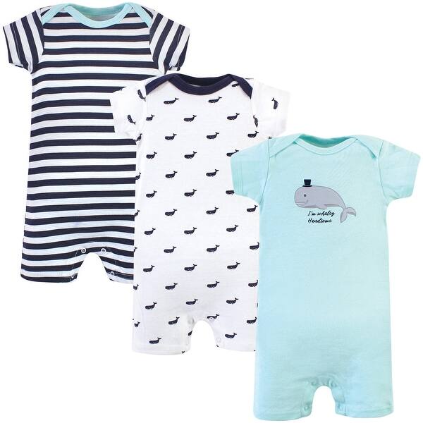 slide 1 of 1, Hudson Baby Infant Boy Cotton Rompers 3pk, Teal Whale 0 - 3 Months - Blue
