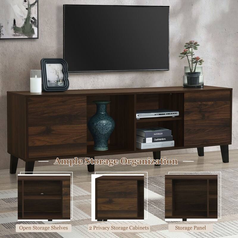 Mid Century TV Stand with 2 Cabinets, Media Console Table for TVs up to 70'',Alabaster,Dark Brown