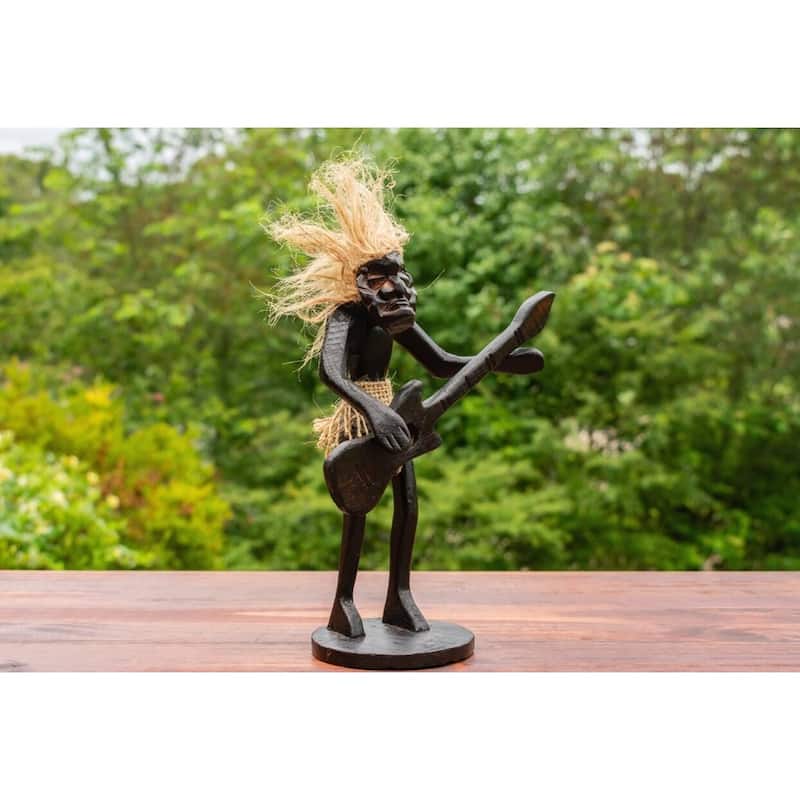 Handmade Wooden Primitive Guitarist Tribal Funny Statue Sculpture Tiki Bar Handcrafted Gift Decor Playing Guitar Standing Up
