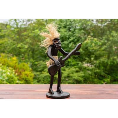 Handmade Wooden Primitive Guitarist Tribal Funny Statue Sculpture Tiki Bar Handcrafted Gift Decor Playing Guitar Standing Up