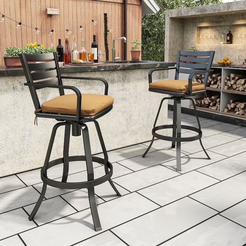 Crestlive Outdoor Cast Aluminum Swivel Bar Stool with Sunbrella Cushion - 18.5" W x 18.5" D x 45.67" H - Echo Teak, Set of 2