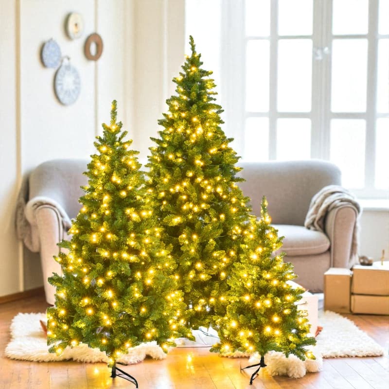 Set of 3 Pre-Lit Green Pine Christmas Trees 4ft 6ft 8ft, 820 LED Lights, Hinged PVC Holiday Decor