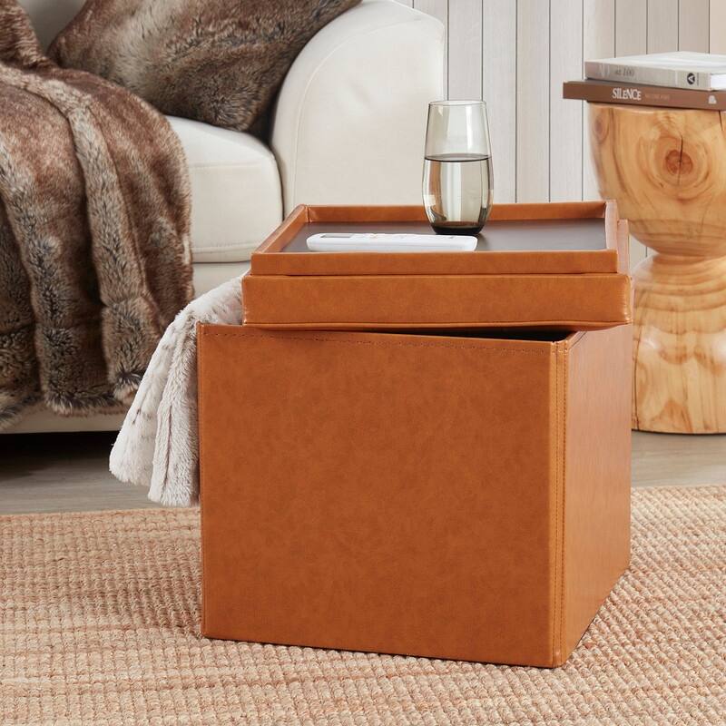 Foldable Tufted Square Storage Ottoman with Table Top Lid - Leather Cognac