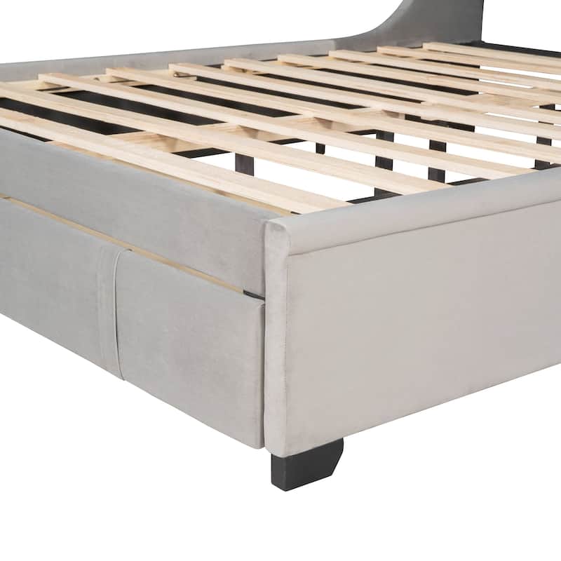 Queen Upholstered Platform Bed with Wingback Headboard and Drawer