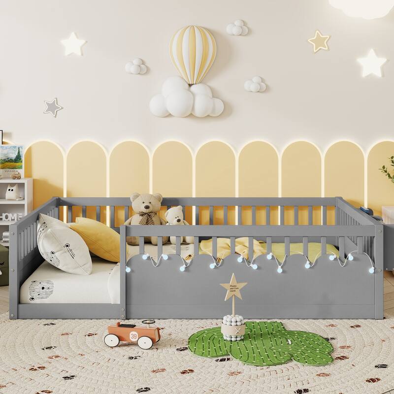 Full Montessori Floor Bed Frame with High Rails, Wood Kids Floor Beds with Light and Storage Shelf, Natural