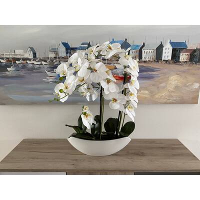 Artificial Orchid Phalaenopsis Centerpiece Plant Arrangement Including White Vase, 27" Tall, Real Touch Flowers