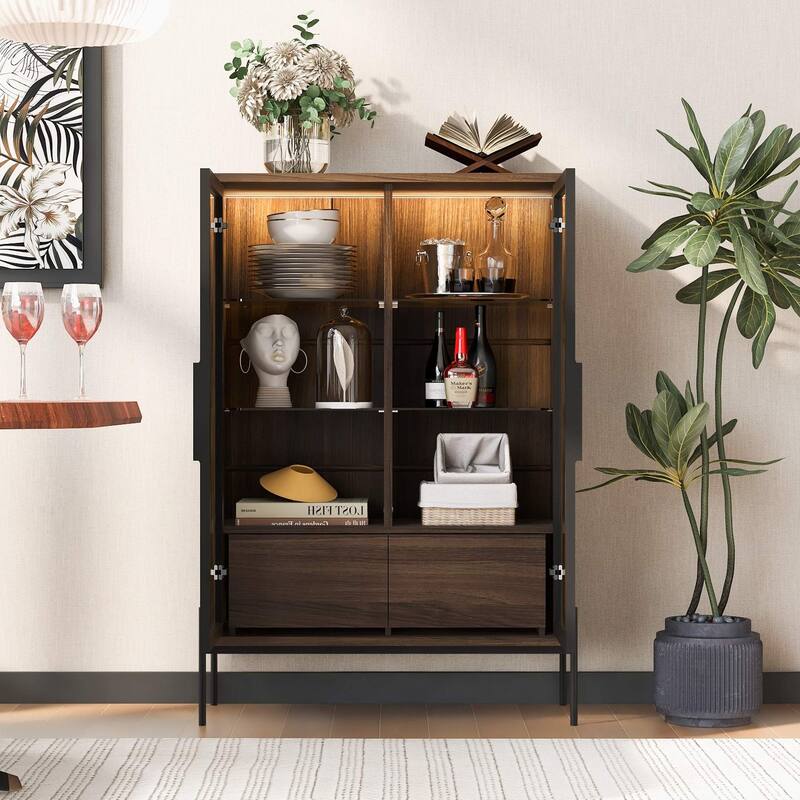 51.2 inch Display Cabinet Bookshelves, Curio Cabinet with Glass Doors & LED Lighting - Dark Walnut