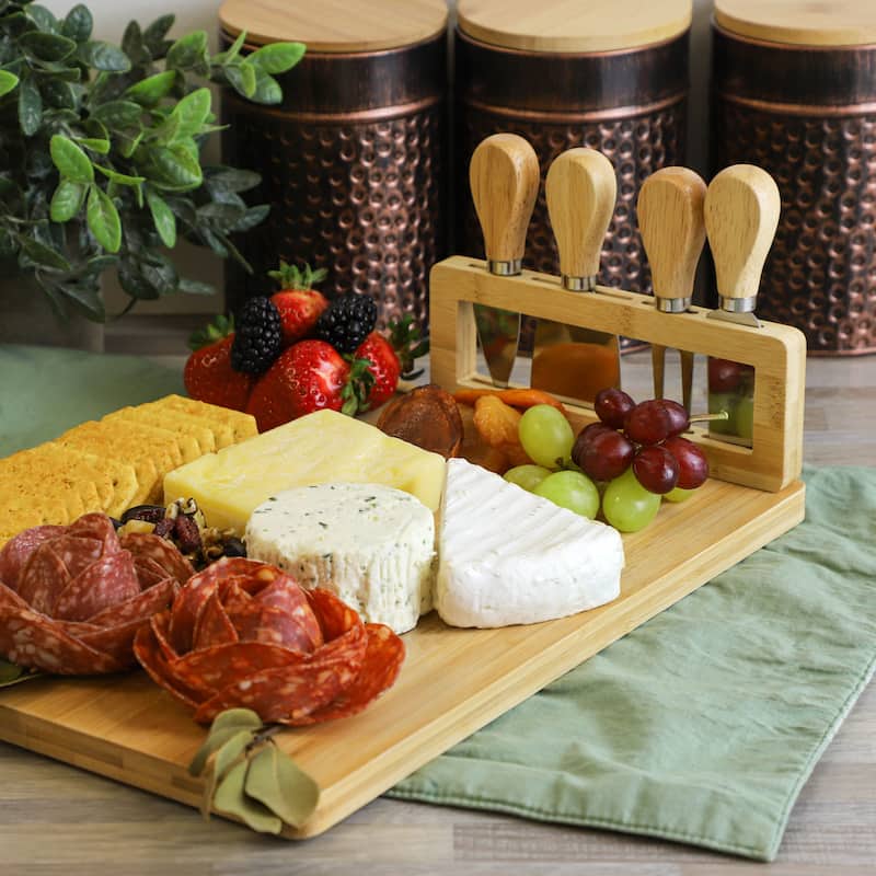 MegaChef Bamboo Charcuterie and Cheese Board with Knife Stand Attachment and 4 Piece Knife Set