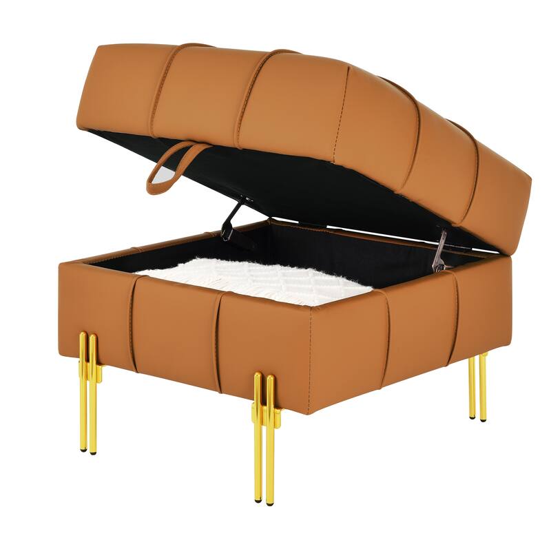 22 inches Anti-scratch Leather Storage Ottoman, Pet Friendly Entryway Bench with Golden Stainless Steel Legs