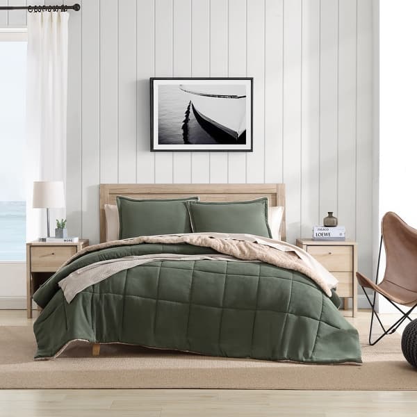 slide 2 of 10, Nautica Beckett Microsuede/Sherpa Reversible Green Comforter Set