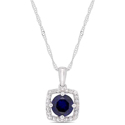 Miadora 10k White Gold Created Blue Sapphire and 1/10ct TDW Diamond Floating Square Halo Dangle Necklace