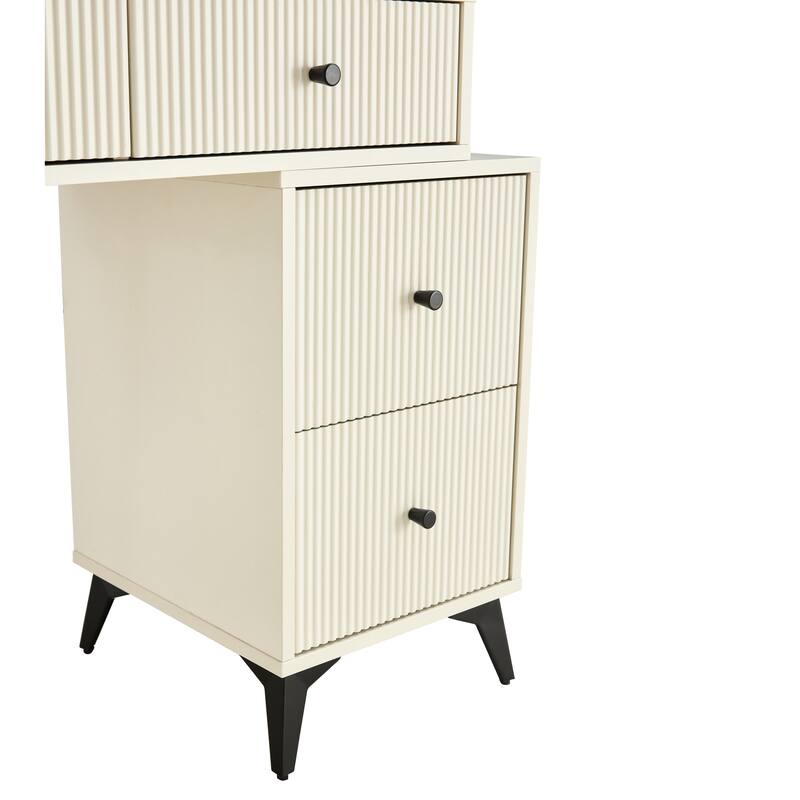 Fluted Makeup Vanity Desk with Round LED Mirror and Lights