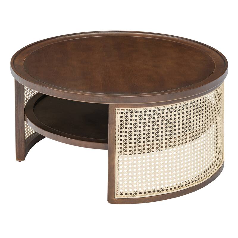 2-Tiered Round Coffee Table with Curved-Edge Top & Rattan Base, Boho Wood Center Table with Storage Shelf for Living Room