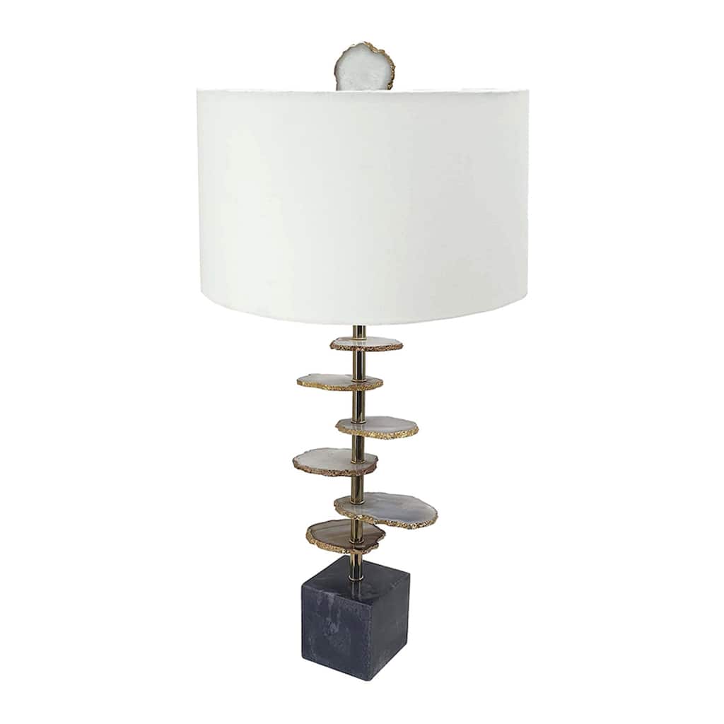 D14x29.5" Smoke Agate-Slice Table Lamp with Marble Base