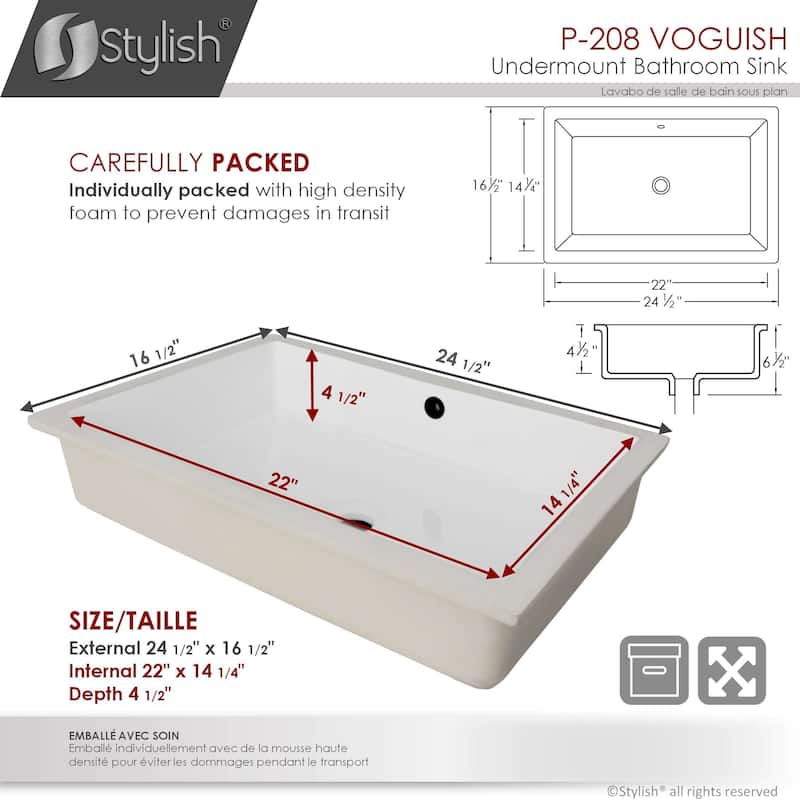STYLISH 24.5 inches Rectangular Undermount Ceramic Bathroom Sink with 2 Overflow Finishes - 24.5 " x 16.5" x 6.5"