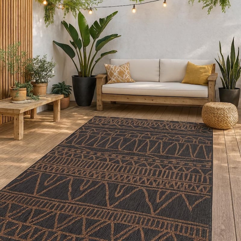 Outdoor Rug Modern Ethnic pattern for Patio/Balcony in Beige - Black Brown - 2'8" x 4'11"