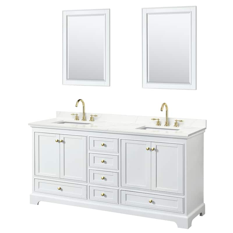 Deborah 72-inch Double Vanity, Quartz Top, 24-inch Mirrors - White, Gold Trim, Giotto Quartz Top