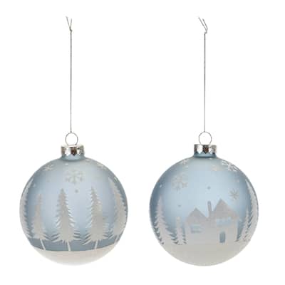 Glittered Winter Scene Glass Ball Christmas Ornaments - 4" (100mm) - Blue - 6ct
