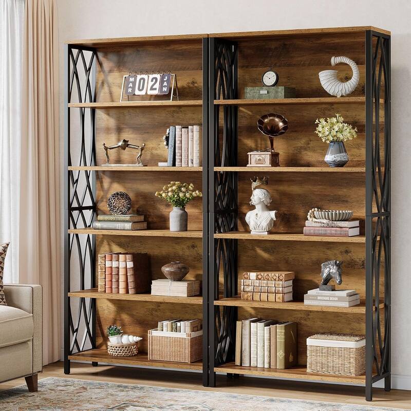 6-Tier Tall Bookshelf, 70.87" Industrial Bookcase with Geometric Metal Frame & Open Storage Shelves - 2pcs