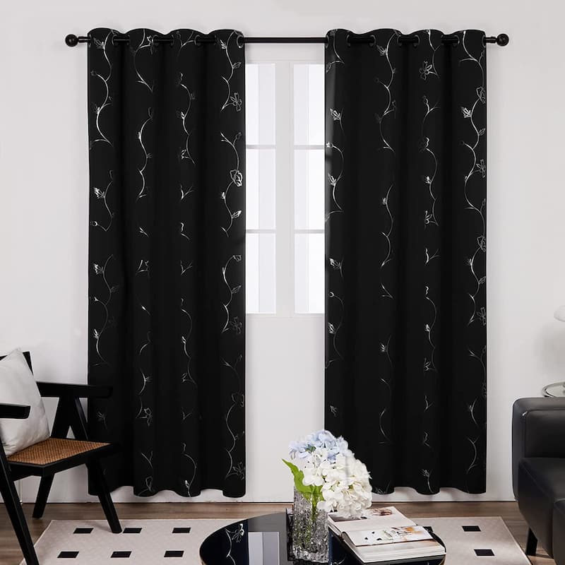 Deconovo Blackout Silver Little Flowers Curtains(2 Panel) - 52x72 Inch - Black