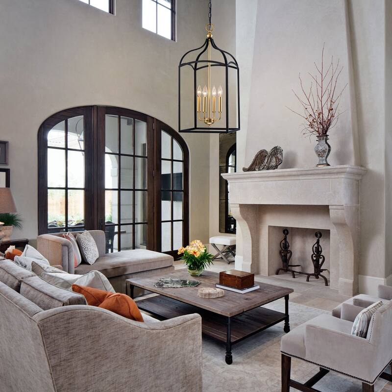 Farmhouse 4-Light Lantern Chandelir for Dining Room Foyer - Black & Gold