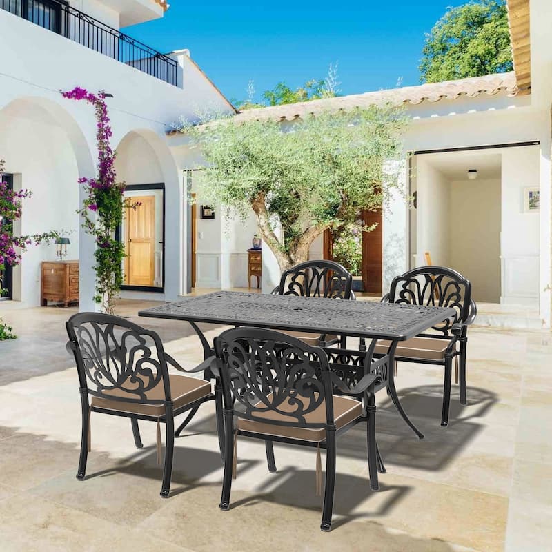5/7-Piece Cast Aluminum Outdoor Dining Set with 58.27'' L X 34.65'' W Rectangular Table and Seat Cushions - Black( 5-Piece Sets-A)