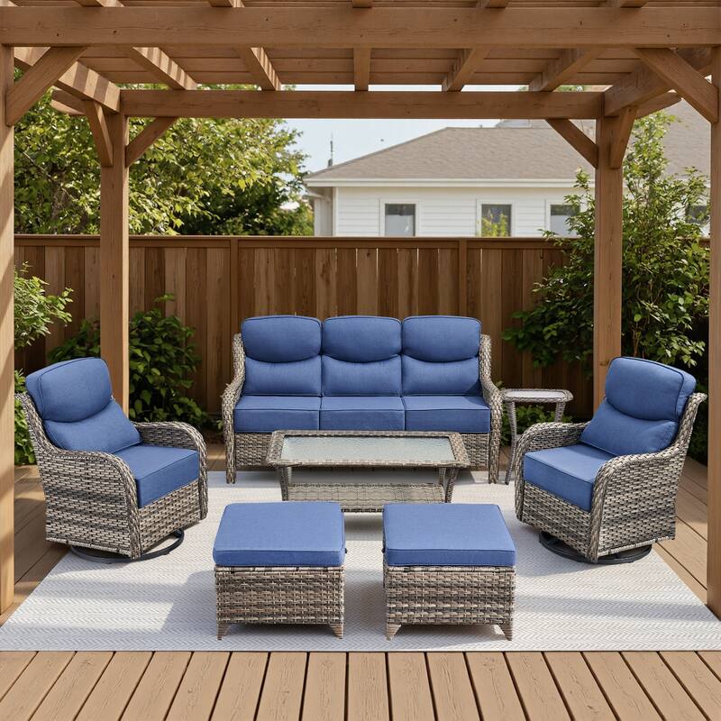 Meyreso 7-Piece Wicker Patio Conversation Set with Swivel Gliders and 6-Inch Thick Cushions - Gray/Navy Blue - 7-Piece