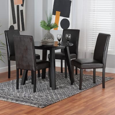Emine Modern Dark Brown Faux Leather and Espresso Brown Finished Wood 5-Piece Dining Set