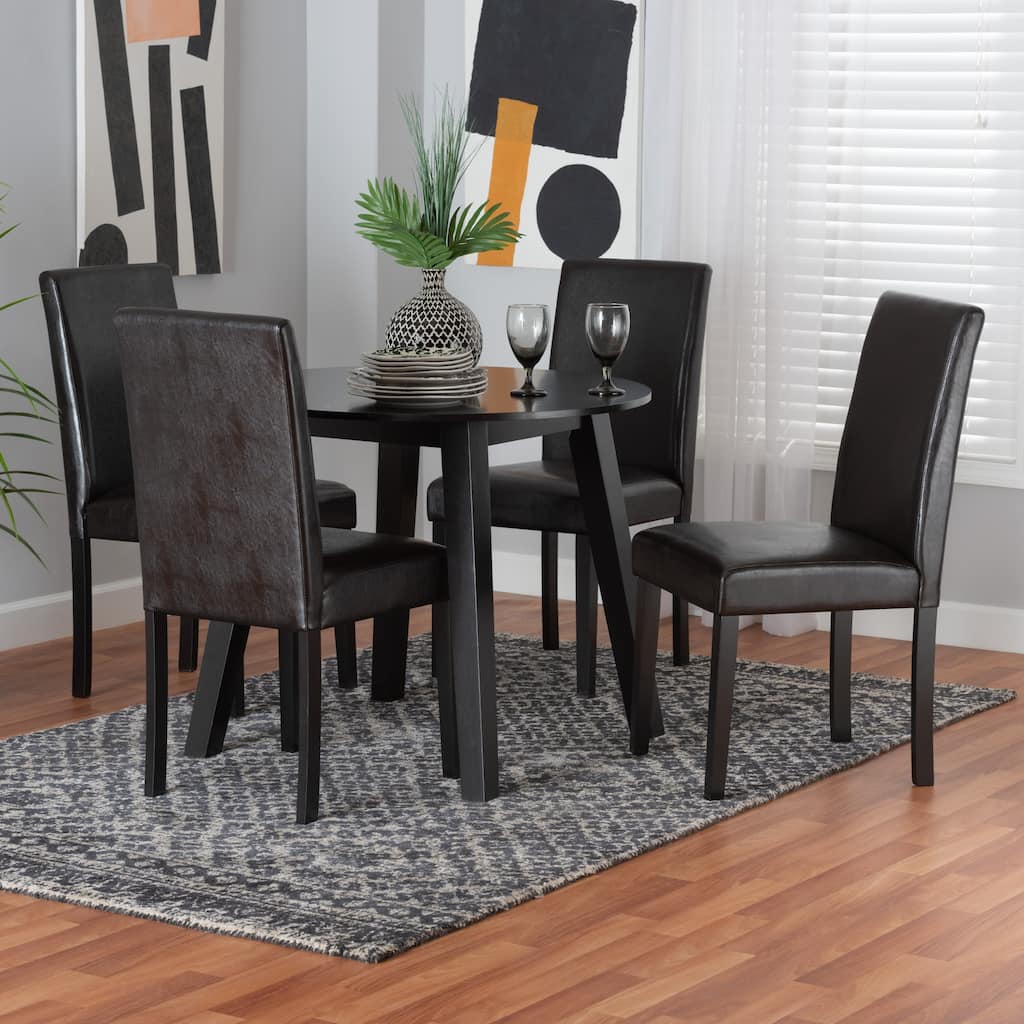 Emine Modern Dark Brown Faux Leather and Espresso Brown Finished Wood 5-Piece Dining Set