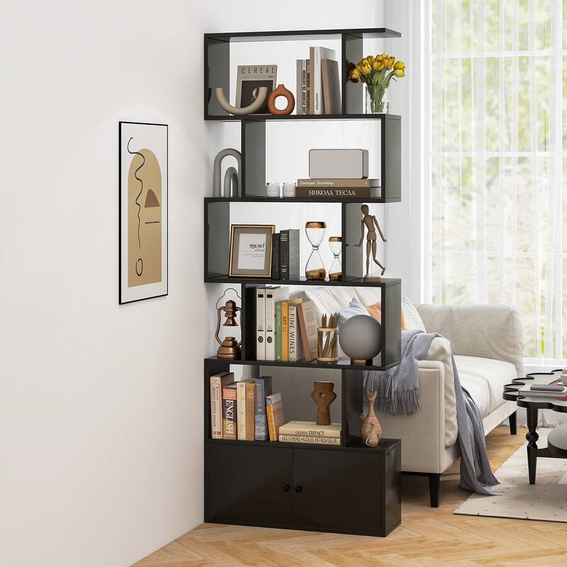 6-Tier Freestanding Modern S-Shaped Bookshelf with Storage Cabinet for Living Room and Office Use - 27.5" x 9" x 72" (L x W x H)