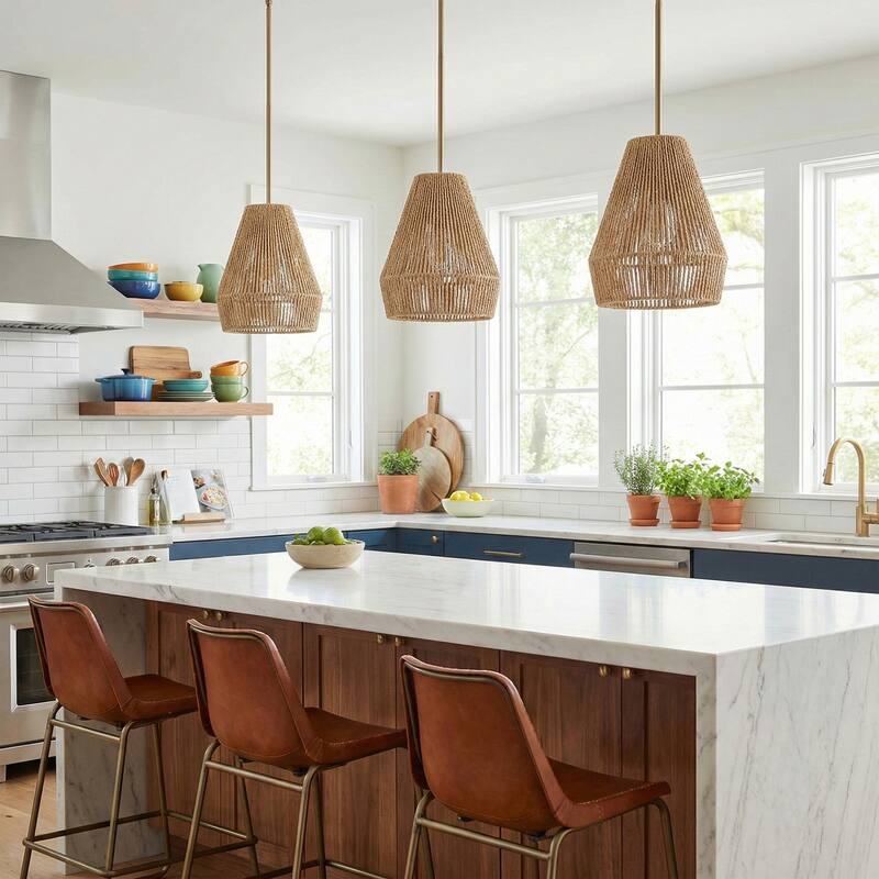 Acroma 1-light Farmhouse Coastal Rattan Kitchen Island Light - N/A