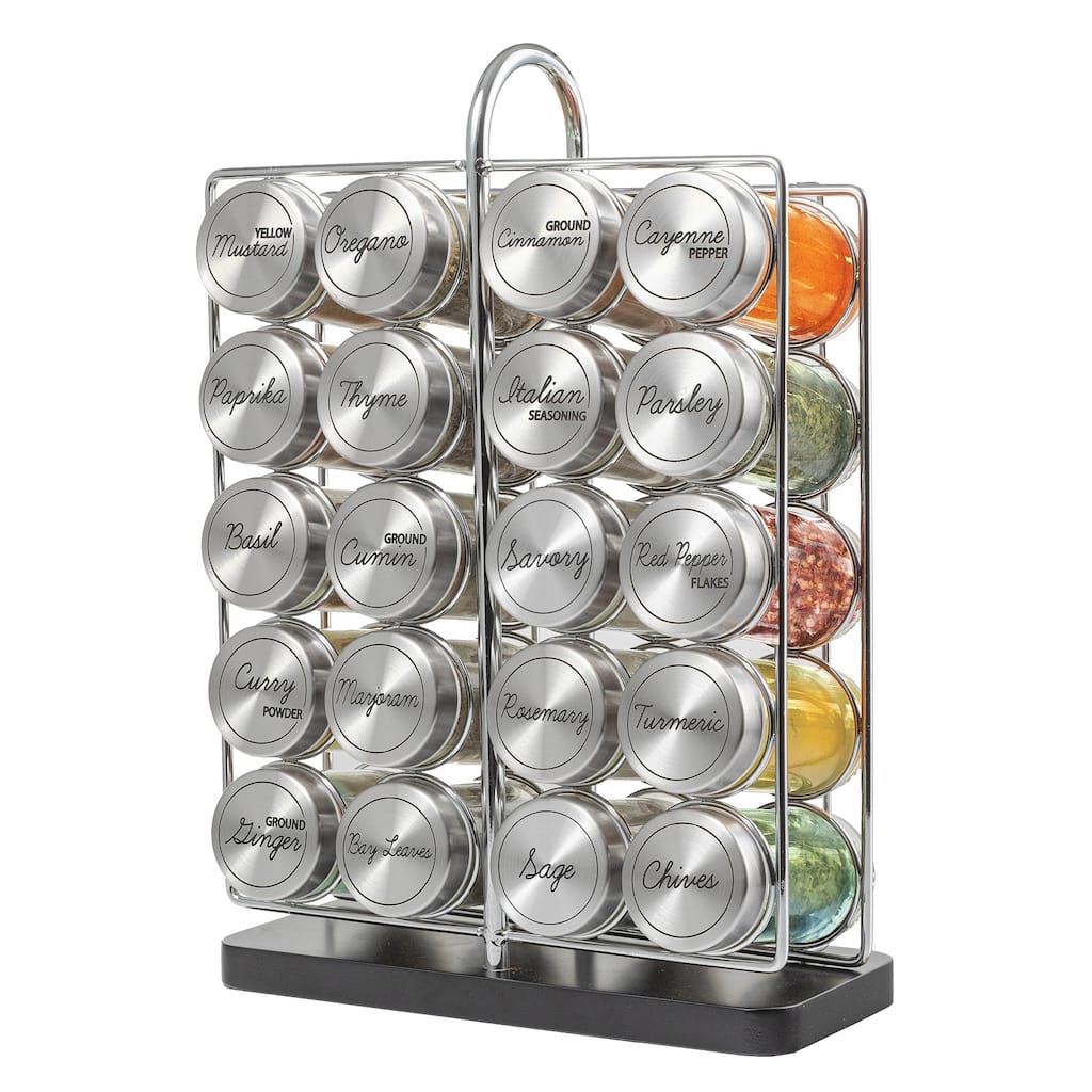 20 Jar Spice Rack Stainless Steel Filled with Spices - Standing Rack Shelf Holder & Countertop Spice Rack Tower Organizer