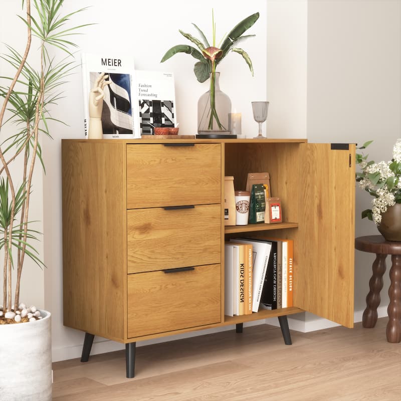 Storage Cabinet with 3 Drawers & Adjustable Shelf, Mid Century Cabinet with Door, Accent Cabinet