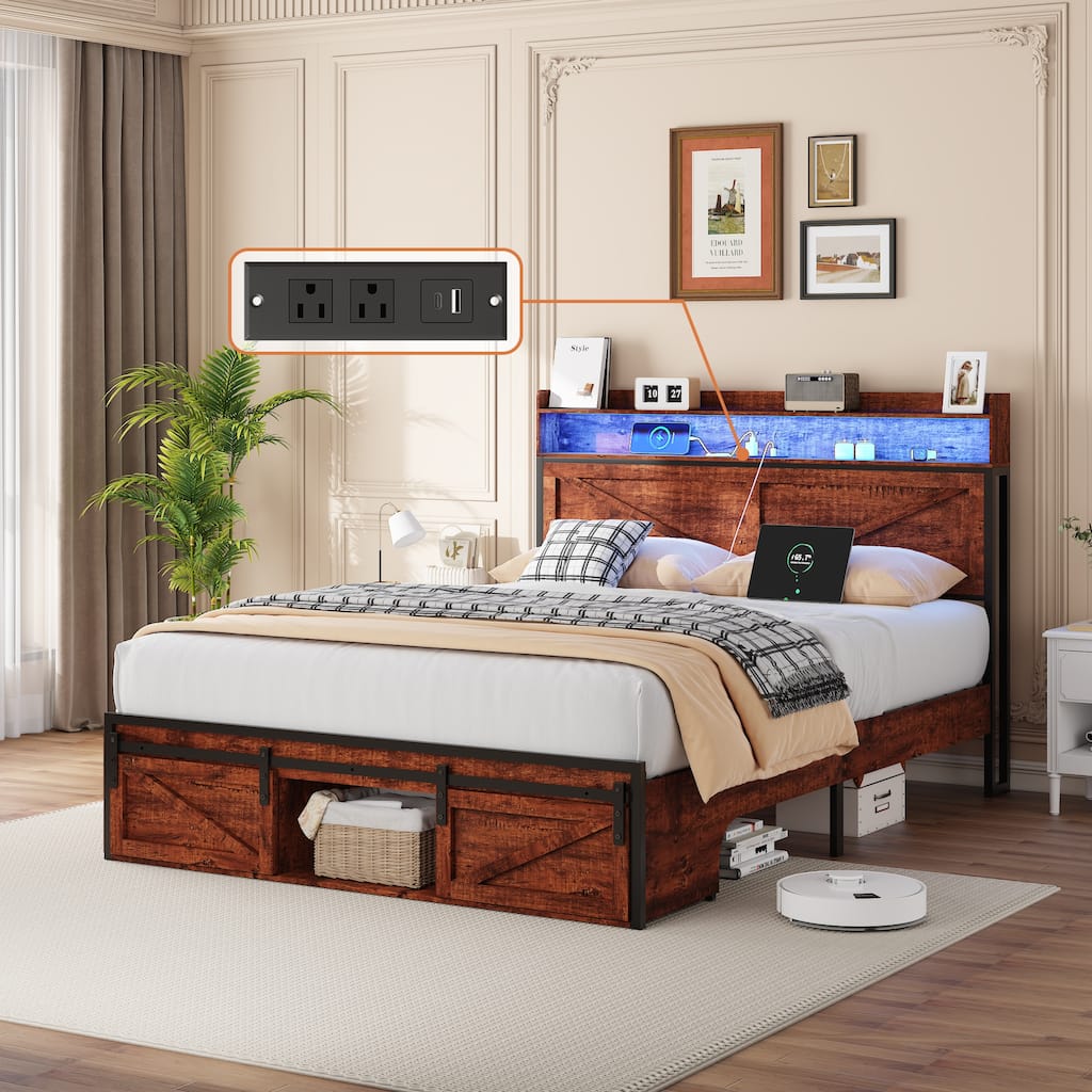 Queen/Full Bed Frame with Storage Headboard, Footboard Storage & LED Lights - Anti-Slip Noise-Free Metal Platform