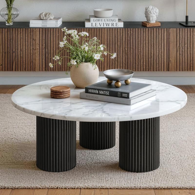 Modern Round Coffee Table Marble-Look Top