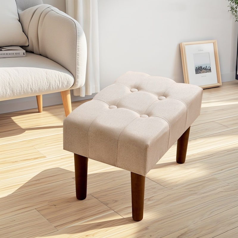 Javlergo Set of 1 or 2 Linen Ottoman Foot Rest with Wooden Legs Tufted Rectangle Upholstered Footstool for Couch Living Room