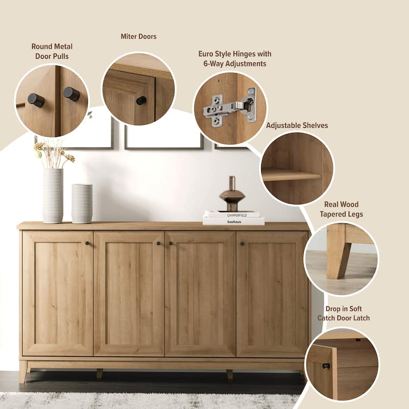 Prepac Yaletown 4 Panel Door 60"W Console Table with Storage, Storage Cabinet with Doors and Shelves, Sideboard Storage Cabinet