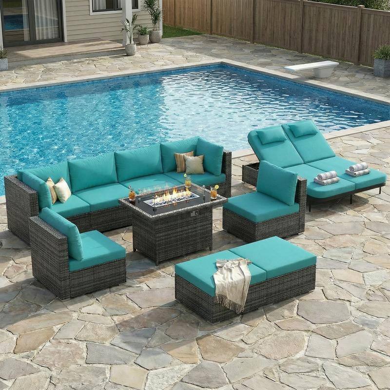 Outdoor Sectional Conversation Set PE Wicker with Double Chaise Lounge, 60,000 BTU Fire Pit Table - 10-Piece/Ottoman - Teal