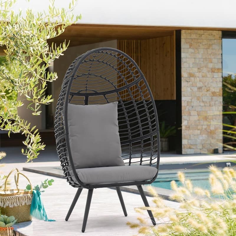 Outdoor Cushioned Wicker Egg Chair - Grey