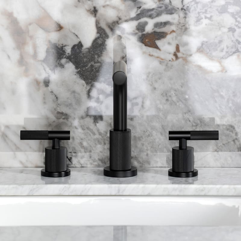 Kingston Brass Convergent Two-Handle 3-Hole Deck Mount Widespread Bathroom Faucet with Knurled Handle and Brass Pop-Up Drain