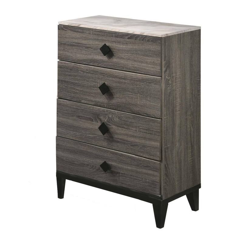 4 Drawer Wooden Chest with Grains and Angled Legs, Gray