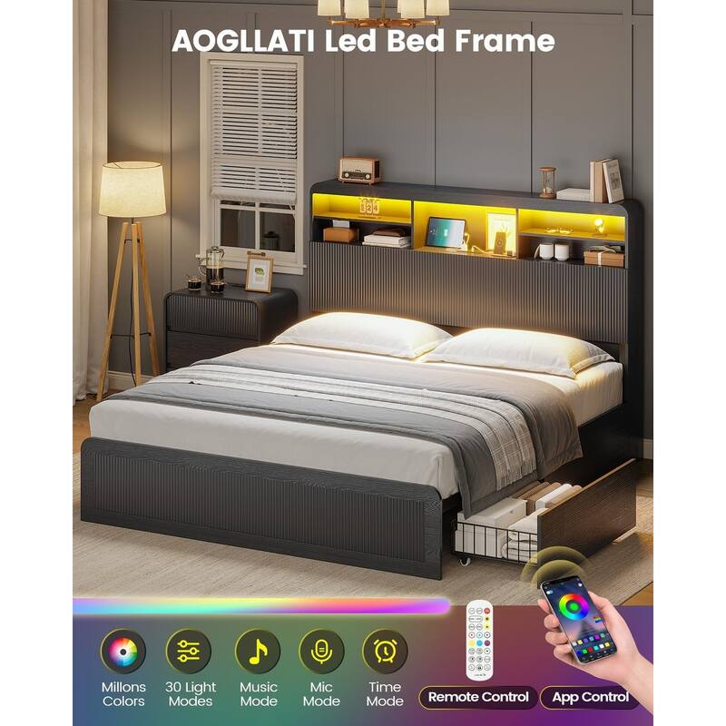 Bed Frame with 4 Storage Drawers and Hidden Storage Headboard Charging Station
