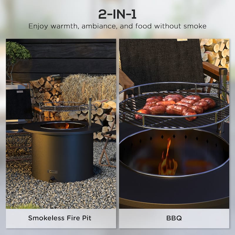 Outsunny 2-in-1 Smokeless Fire Pit, BBQ Grill, 25" Portable Wood Burning Firepit with Cooking Grate, Ash Tray & Poker, Low Smoke
