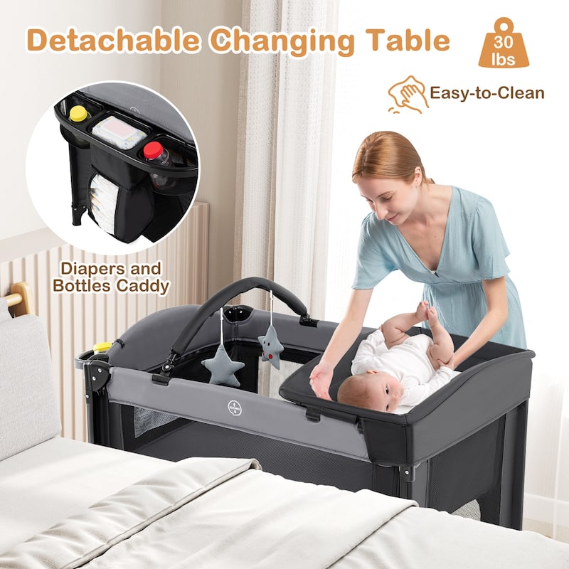 Multifunctional Kids Bassinets with Crib, Changing Table and Playpen - 39.5" L x 27.5" W x 28.5" H