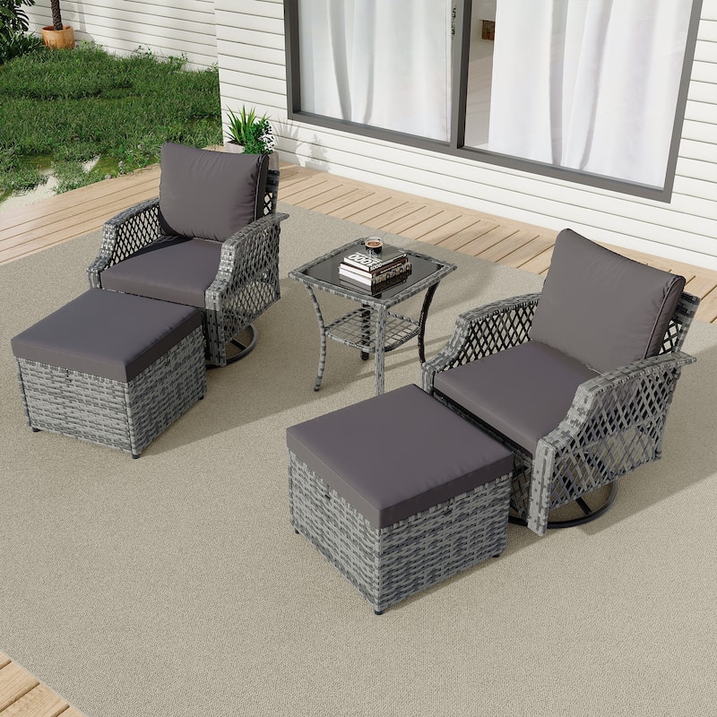 Outdoor Wicker Patio Set w Swivel Chairs & Sofa, Ottomans and Tables, Modular 3/5/6/7-Piece, All-Weather Conversation Set.