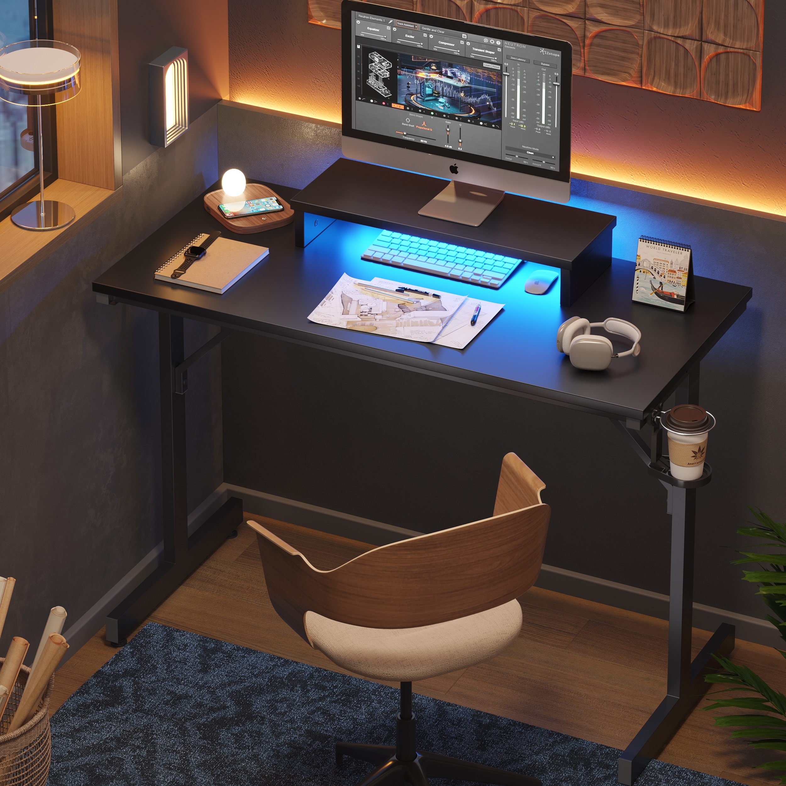 42 inch Gaming Desk LED Computer Table with Monitor Stand and Cup
