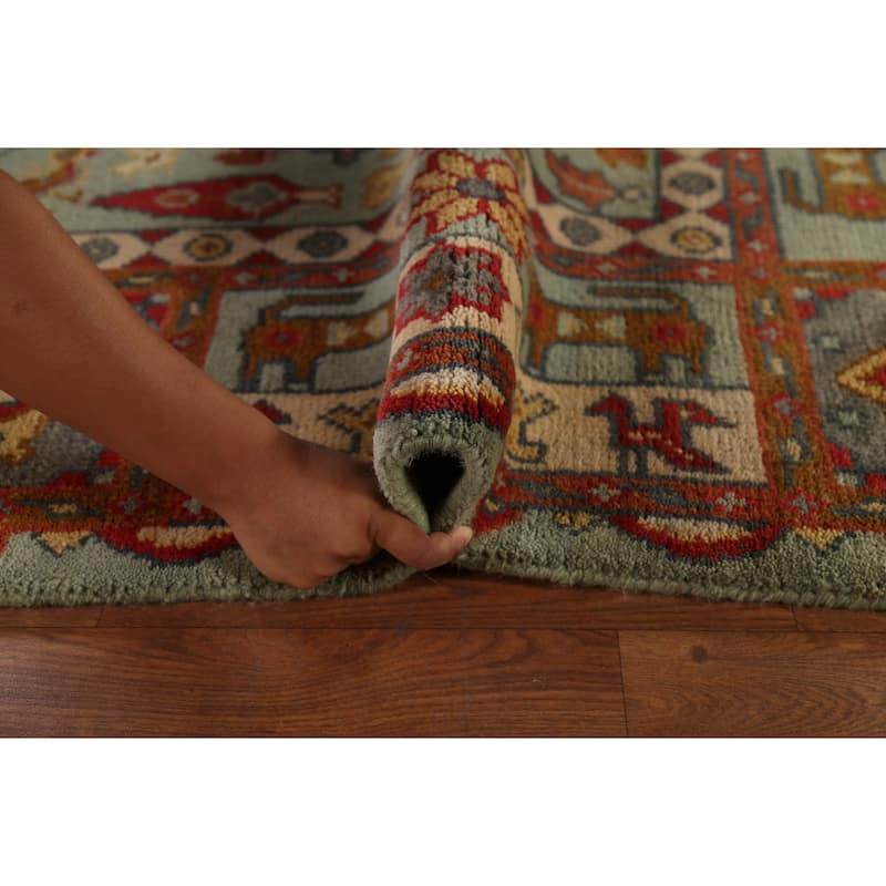 Tribal Green Geometric Heriz Serapi Area Rug Hand-Knotted Wool Carpet - 7'11"x 9'10"