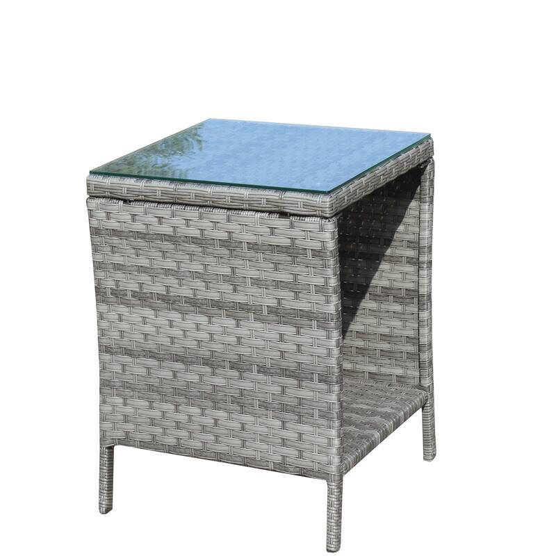 Anmytek Gray Rattan Side Table with Tempered Glass Top Indoor Outdoor Wicker Patio Table Double Tier Storage - 19.25*19.25