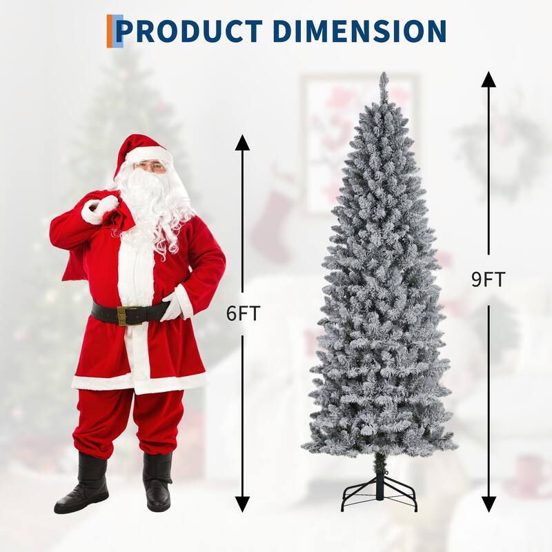 6ft Prelit Flocked Pencil Christmas Tree with Lights, Slim Artificial Xmas Tree with Snowy Branch